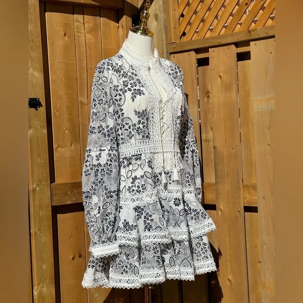 🆕 BRONX & BANCO 🧿 NWOT Santorini Long-Sleeve Tiered Floral Burnout Dress, Sz M
